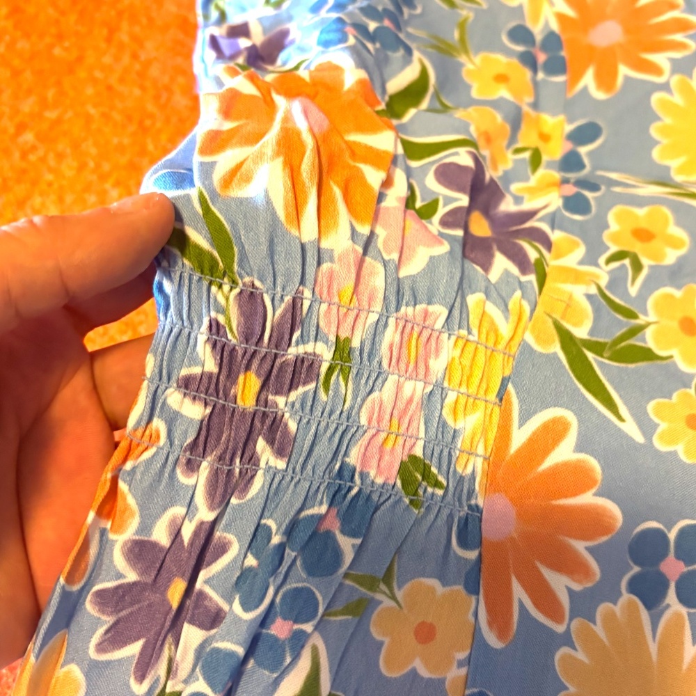 Sky blue and colourful flowers lightweight side smocked viscose dress NWT - Picture 4 of 12